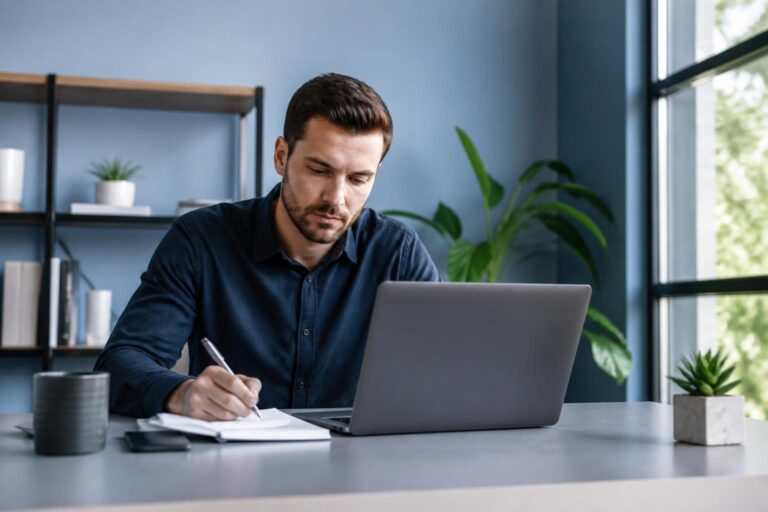 Entrepreneur préparant une stratégie SEO simple sur ordinateur